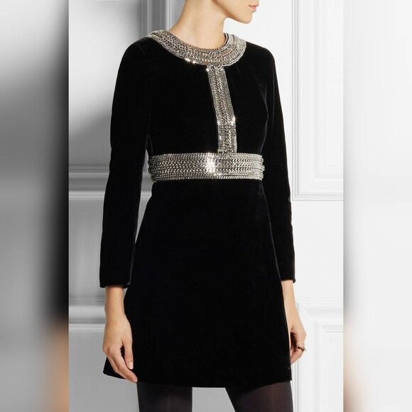 Saint Laurent AW/14 Runway Black Velvet Chain-Embellished Mini Dress - Picture 1 of 14